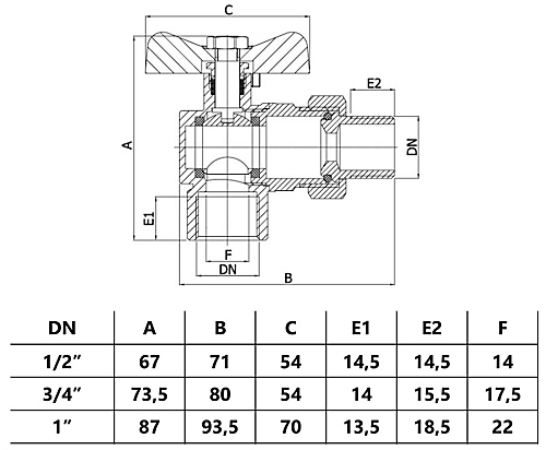 Invena 1/2 Inch Water Angled Ball Valve With Butterfly Handle Female X Male 4 Invena 1/2 Inch Water Angled Ball Valve With Butterfly Handle Female X Male - Image 2