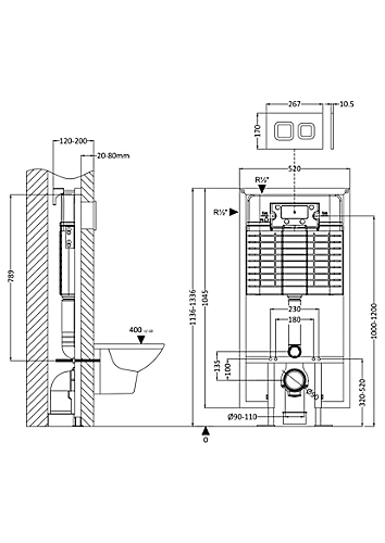 Round Dual Flush Concealed Cistern With Wall Hung Frame & Square Push Button Plate - Chrome - Balterley 4 Round Dual Flush Concealed Cistern With Wall Hung Frame & Square Push Button Plate - Chrome - Balterley - Image 2