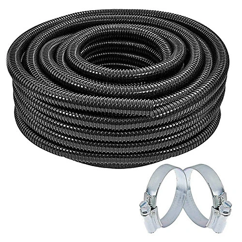 SPARES2GO Pond Hose Flexible Marine Filter Pipe Corrugated + 2 Clamp Clips (38mm, 15M)